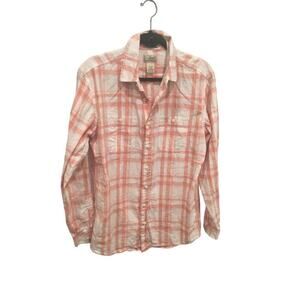 L.l.bean button up shirt womens sz M Tall linen fall pumpkin orange white plaid